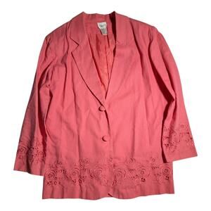 Vtg 1990s Styleworks Coral Pink Linen Cotton Floral Embroidered Blazer Sz 12 P